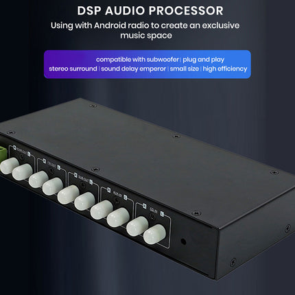 A black DSP audio processor box with white rotary knobs and a green terminal block on the left, shown on a dark blue gradient background with marketing text.