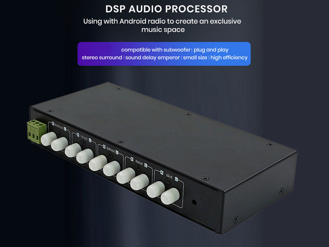 A black DSP audio processor box with white rotary knobs and a green terminal block on the left, shown on a dark blue gradient background with marketing text.