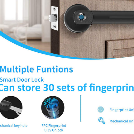 A promotional graphic for a smart door lock mounted on a wooden door. The top shows the black handle and latch in a real interior setting, while the lower half contains marketing text reading 'Multiple Functions', 'Smart Door Lock', and 'Can store 30 sets of fingerprint', plus small feature icons for mechanical key hole, FPC fingerprint unlock, and mechanical unlock.