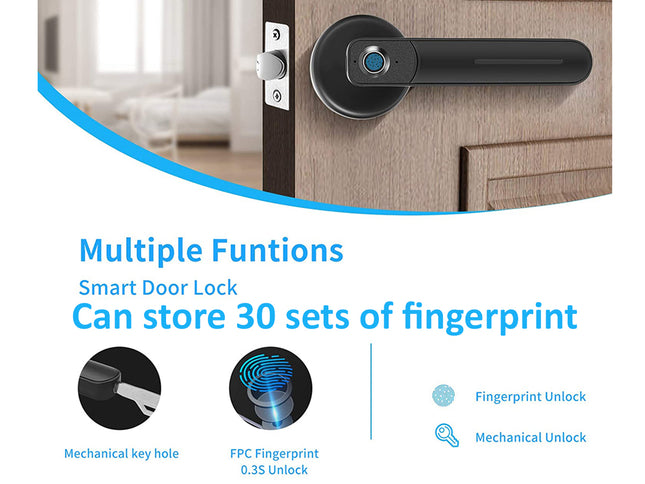 A promotional graphic for a smart door lock mounted on a wooden door. The top shows the black handle and latch in a real interior setting, while the lower half contains marketing text reading 'Multiple Functions', 'Smart Door Lock', and 'Can store 30 sets of fingerprint', plus small feature icons for mechanical key hole, FPC fingerprint unlock, and mechanical unlock.