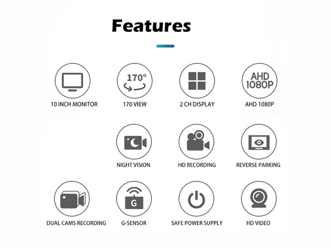 10" Reversing Camera Kit - 1080P HD Monitor & Loop Recording | IP68 Waterproof Camera, Night Vision, G-Sensor, 12-24V for Trucks/RVs