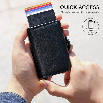 Black cardholder with colorful cards being held by a hand, with text indicating 'Quick Access' feature.