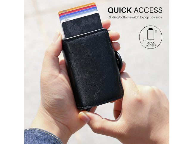 Black cardholder with colorful cards being held by a hand, with text indicating 'Quick Access' feature.