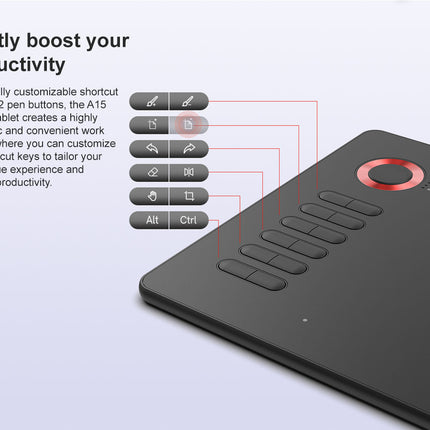 Black drawing tablet with customizable shortcut keys on a light gray background