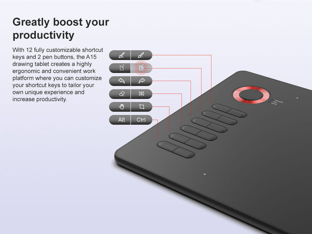 Black drawing tablet with customizable shortcut keys on a light gray background