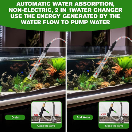 Aquarium water changer with text on automatic water absorption and energy generation by water flow.