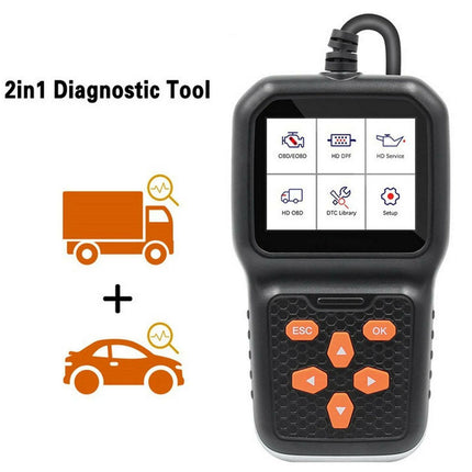 2in1 diagnostic tool with screen displaying icons and buttons on a white background