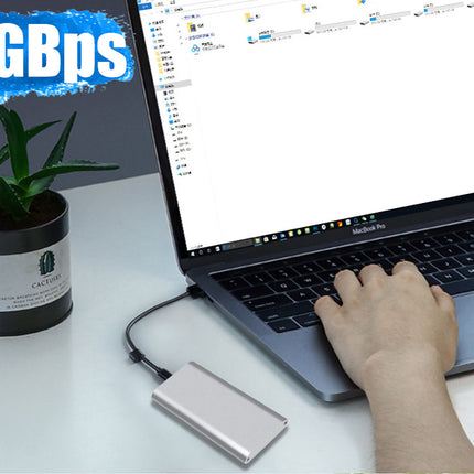 Person using a laptop with a USB drive connected, on a desk with a plant and container.