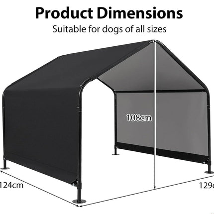 Measurement chart of a dog canopy with dimensions on a white background