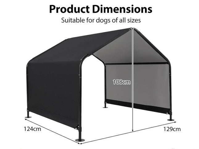 Measurement chart of a dog canopy with dimensions on a white background