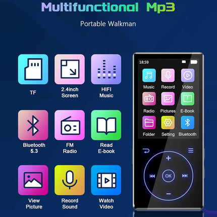 Bluetooth MP3 Player 32GB - 2.4" Touchscreen HiFi Metal| FM Radio Voice Recorder Speaker E-book Pedometer 60H Playtime