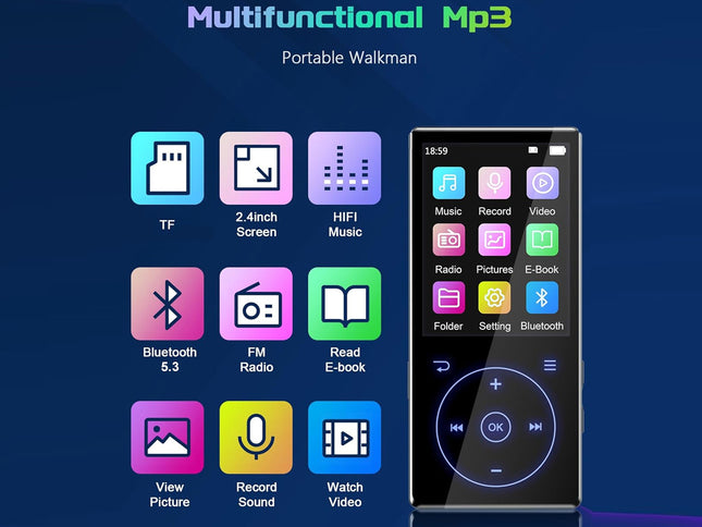 Bluetooth MP3 Player 32GB - 2.4" Touchscreen HiFi Metal| FM Radio Voice Recorder Speaker E-book Pedometer 60H Playtime