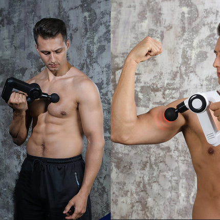 A split-screen lifestyle image showing a man using a handheld massage gun on his chest and upper arm against a textured gray wall.