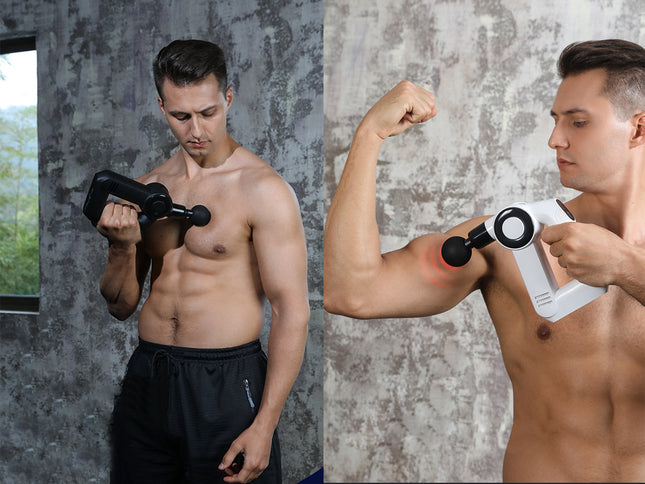 A split-screen lifestyle image showing a man using a handheld massage gun on his chest and upper arm against a textured gray wall.