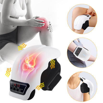 A knee and leg massage device shown on a white background with a grayscale model sitting and holding a painful knee, plus three circular inset photos demonstrating the device on different body parts. The device is white and black with a digital control panel and glowing heat graphics.