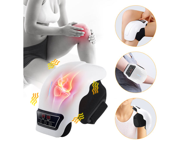 A knee and leg massage device shown on a white background with a grayscale model sitting and holding a painful knee, plus three circular inset photos demonstrating the device on different body parts. The device is white and black with a digital control panel and glowing heat graphics.