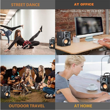 Collage of four scenes: street dance, office work, outdoor travel, and home use with speakers.