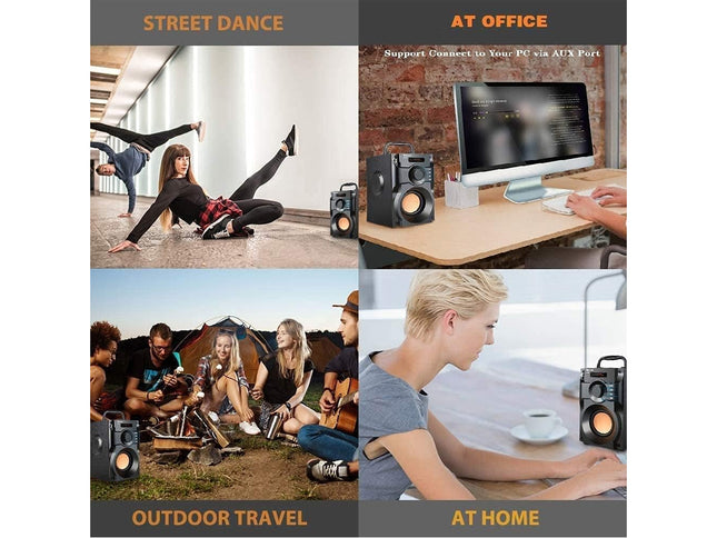 Collage of four scenes: street dance, office work, outdoor travel, and home use with speakers.
