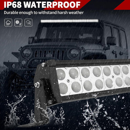LED light bar with IP68 waterproof rating displayed against a rain-drenched vehicle background.