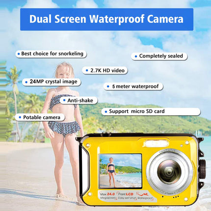 Yellow dual-screen waterproof camera with features listed, background of a beach scene.