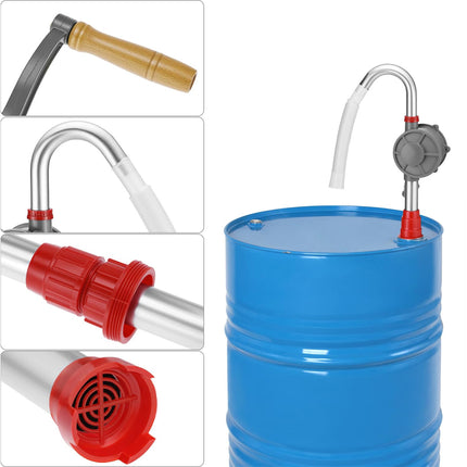Blue barrel with a metal spigot and various nozzles on a white background