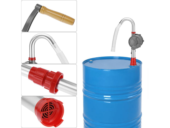 Blue barrel with a metal spigot and various nozzles on a white background