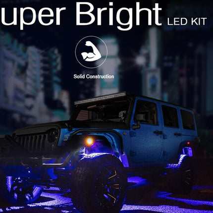 Jeep with LED lights on a dark background, highlighting 'Super Bright' and 'Solid Construction' text.