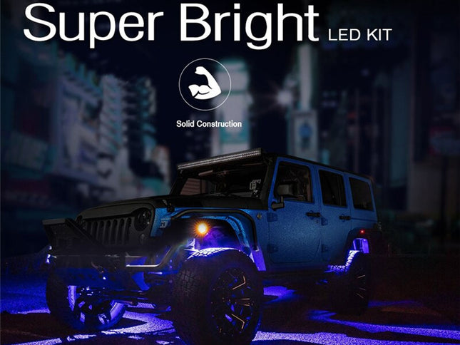 Jeep with LED lights on a dark background, highlighting 'Super Bright' and 'Solid Construction' text.