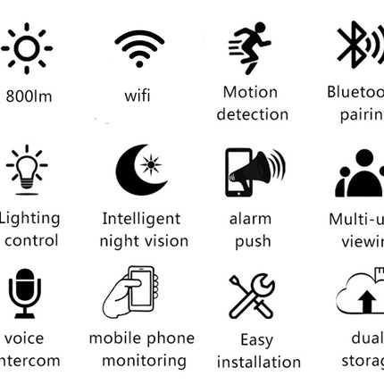 Set of icons and text describing features such as lighting control, wifi, motion detection, etc.