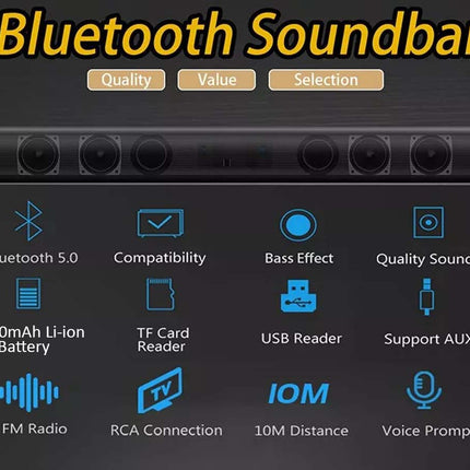 A promotional graphic for a Bluetooth soundbar, showing a black rectangular speaker bar across the top and a list of features below on a dark background, including Bluetooth 5.0, compatibility, bass effect, quality sound, 4000mAh Li-ion battery, TF card reader, USB reader, support AUX, FM radio, RCA connection, 10M distance, and voice prompt.