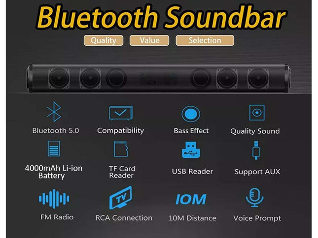 A promotional graphic for a Bluetooth soundbar, showing a black rectangular speaker bar across the top and a list of features below on a dark background, including Bluetooth 5.0, compatibility, bass effect, quality sound, 4000mAh Li-ion battery, TF card reader, USB reader, support AUX, FM radio, RCA connection, 10M distance, and voice prompt.