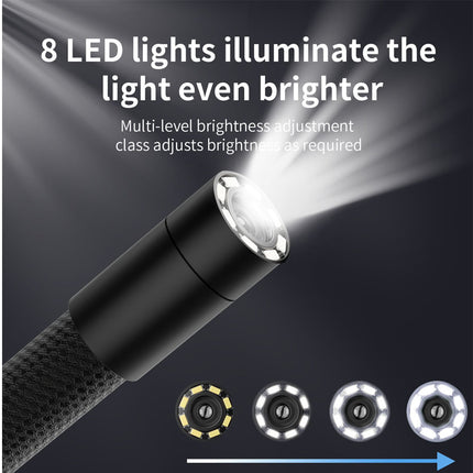 Flashlight with 8 LED lights and brightness adjustment feature on a dark background