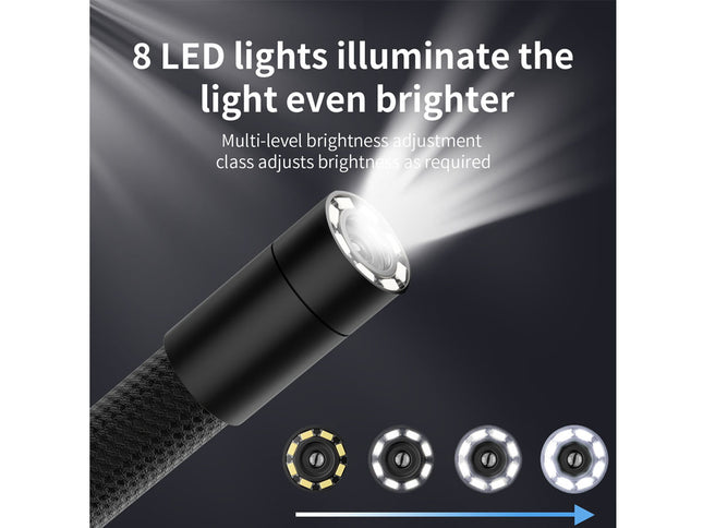 Flashlight with 8 LED lights and brightness adjustment feature on a dark background