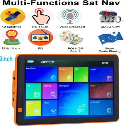 9-inch multi-function sat nav device with various features displayed on screen and icons above.