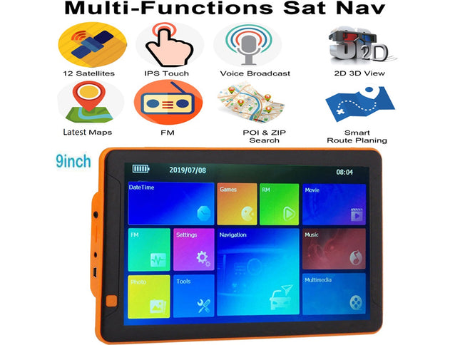 9-inch multi-function sat nav device with various features displayed on screen and icons above.