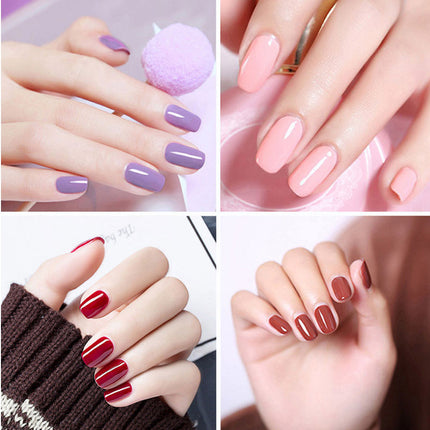 Collage of four images showing hands with different nail polish colors on a white background.
