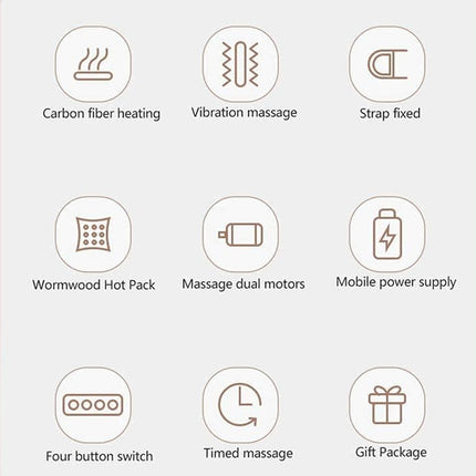 A feature infographic showing nine icons with labels on a pale pink and white background: carbon fiber heating, vibration massage, strap fixed, wormwood hot pack, massage dual motors, mobile power supply, four button switch, timed massage, and gift package.