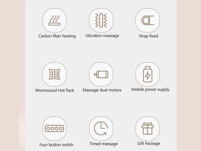 A feature infographic showing nine icons with labels on a pale pink and white background: carbon fiber heating, vibration massage, strap fixed, wormwood hot pack, massage dual motors, mobile power supply, four button switch, timed massage, and gift package.