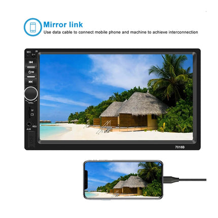 A black 7-inch car stereo mirror link display screen shown on a white background, with text explaining phone and machine connection via data cable, plus a small inset phone graphic below.