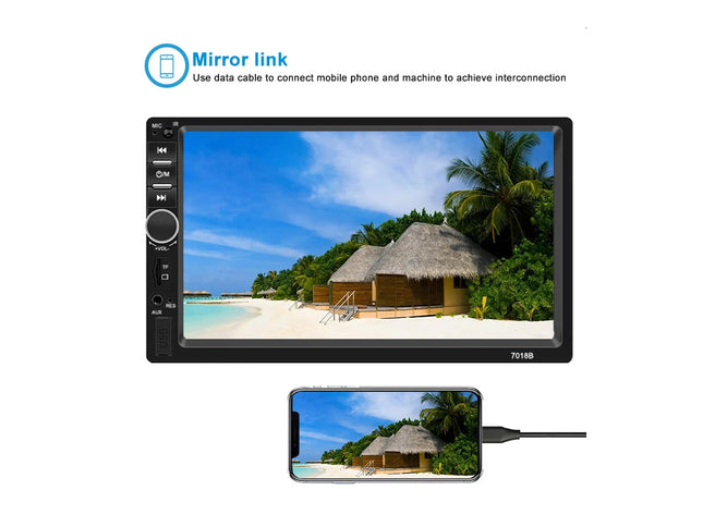 A black 7-inch car stereo mirror link display screen shown on a white background, with text explaining phone and machine connection via data cable, plus a small inset phone graphic below.