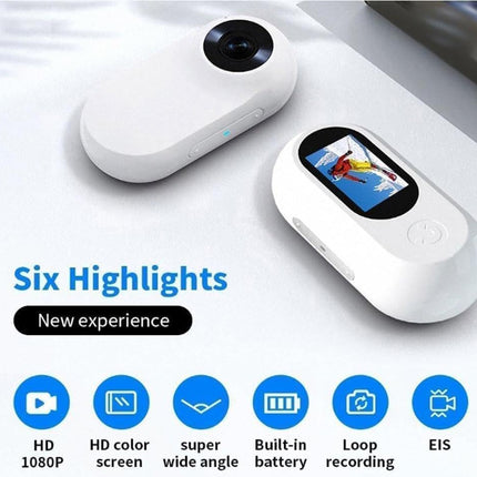 White action camera with screen displaying video on a white background with text 'Six Highlights' and icons.