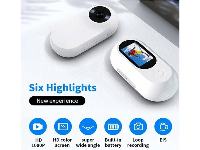 White action camera with screen displaying video on a white background with text 'Six Highlights' and icons.