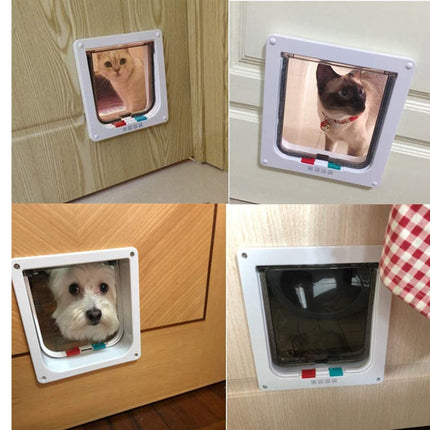 Pet door with four different views of pets using it.