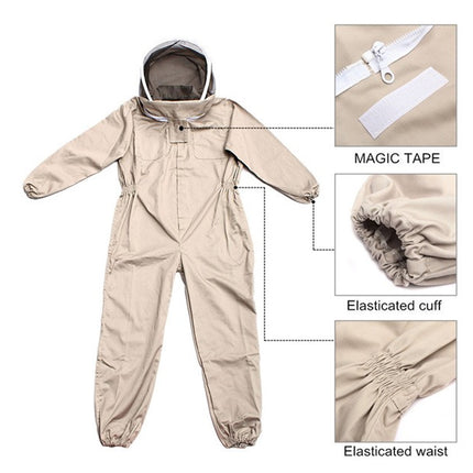 Beige beekeeping suit with features highlighted on a white background