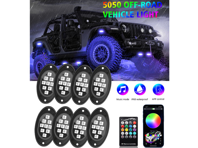 Six oval black vehicle LED light modules shown with a remote control and a smartphone app screen, plus a large inset photo of an off-road vehicle with blue underglow. Text at the top reads '5050 OFF-ROAD VEHICLE LIGHT' and feature icons mention music mode, IP65 waterproof, and APP control.