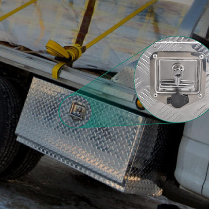 Metal truck step with diamond plate pattern and inset showing a lock mechanism.