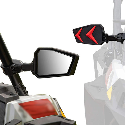 Side mirror with red logo on a SuperATV vehicle