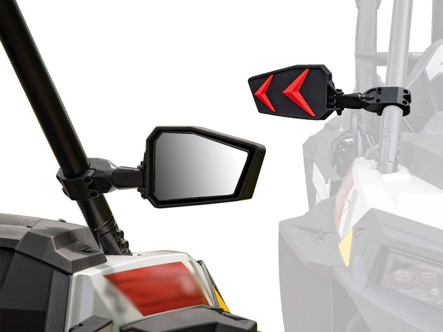 Side mirror with red logo on a SuperATV vehicle