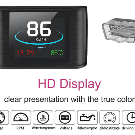 A black rectangular car dashboard display screen showing speed, voltage, and temperature, with a clear connector on the right and text below reading 'HD Display' and feature icons for speed, RPM, water temperature, voltage, fuel consumption, driving distance, and driving time.