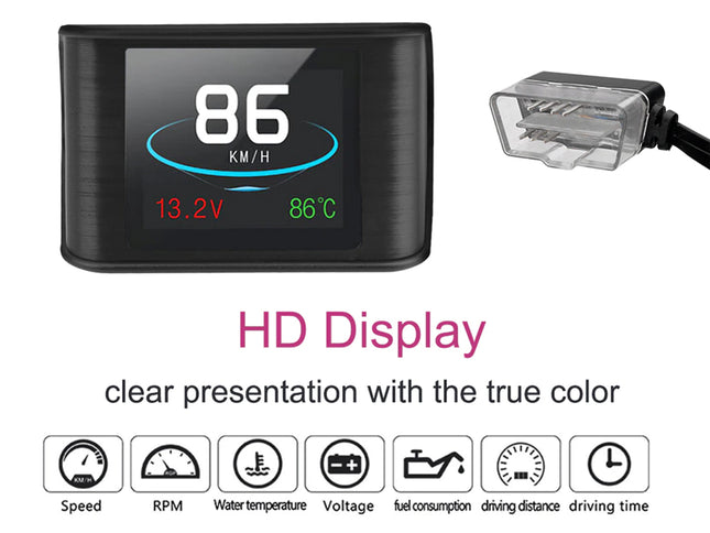 A black rectangular car dashboard display screen showing speed, voltage, and temperature, with a clear connector on the right and text below reading 'HD Display' and feature icons for speed, RPM, water temperature, voltage, fuel consumption, driving distance, and driving time.